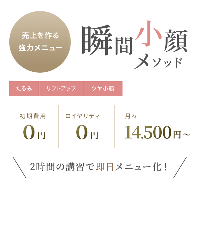 売上を作る強力メニュー 瞬間小顔メソッド 2時間の講習で即日メニュー化！
